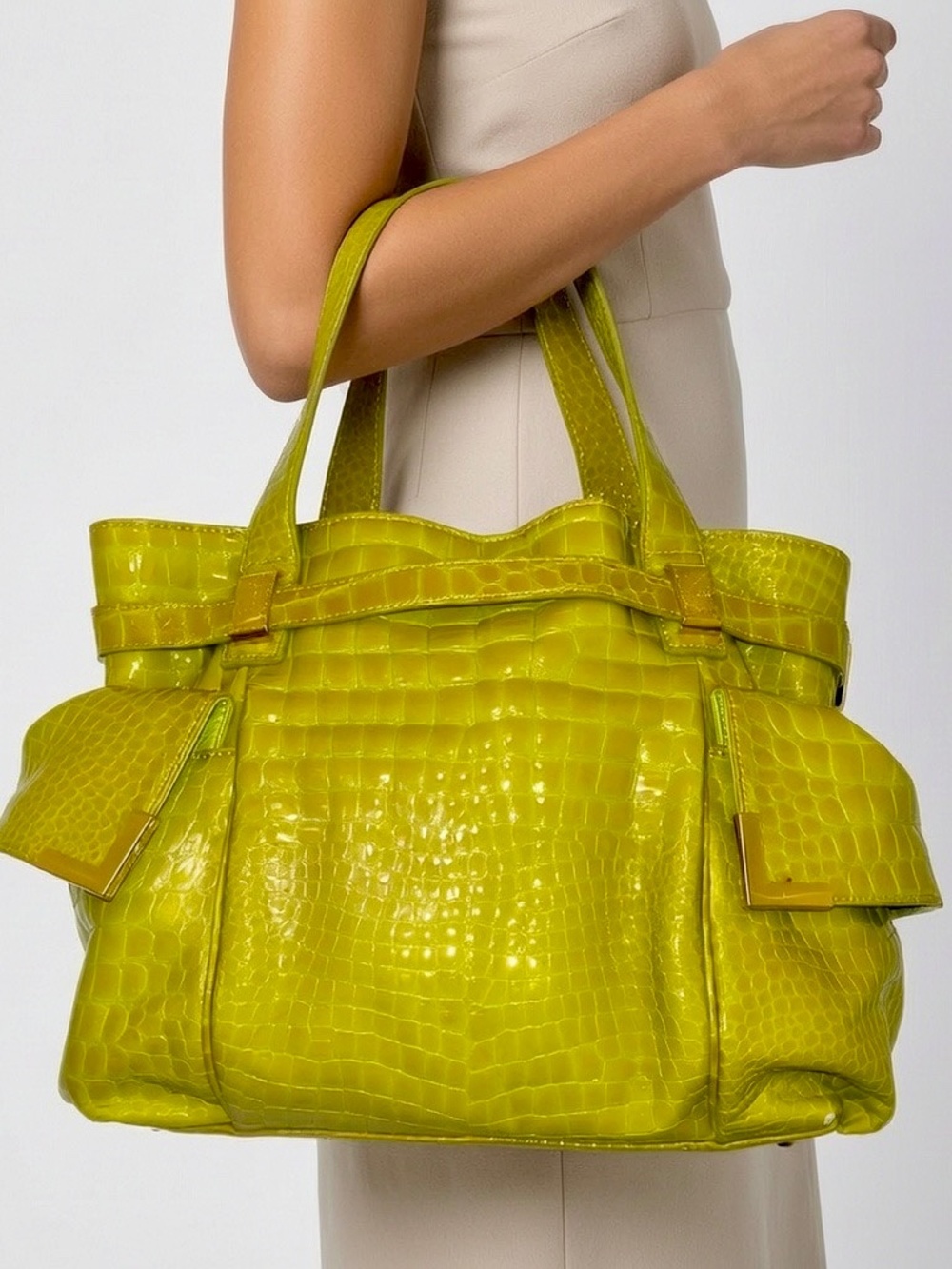 Michael Michael Kors Lime Green Patent Croc Embossed Multi Pocket Shoulder Tote - Picture 2 of 8